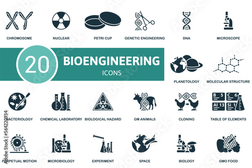 Bioengineering icon set. Monochrome simple Bioengineering icon collection. Chromosome, Nuclear, Petri Cup, Genetic Engineering, Dna, Microbiology, Experiment, Space, Biology, Gmo Food icon