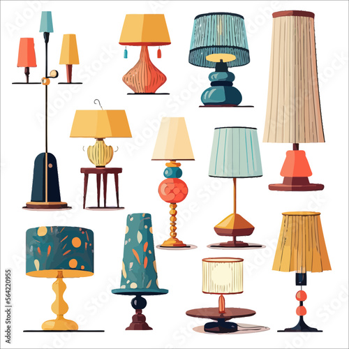 Electric table, floor lamps, lampshades, ceiling chandeliers, bedside nightlights set. Isolated on background. Vector illustration