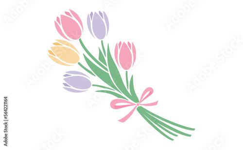 シンプルな春のお花のチューリップの花束イラスト_ベクター素材_ピンク黄色紫_透過PNG