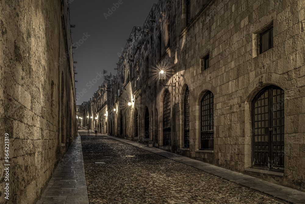 Medieval Street of the Knights called Ippoton with cobblestone road in Old town of Rhodes city in Rhodes island, Greece