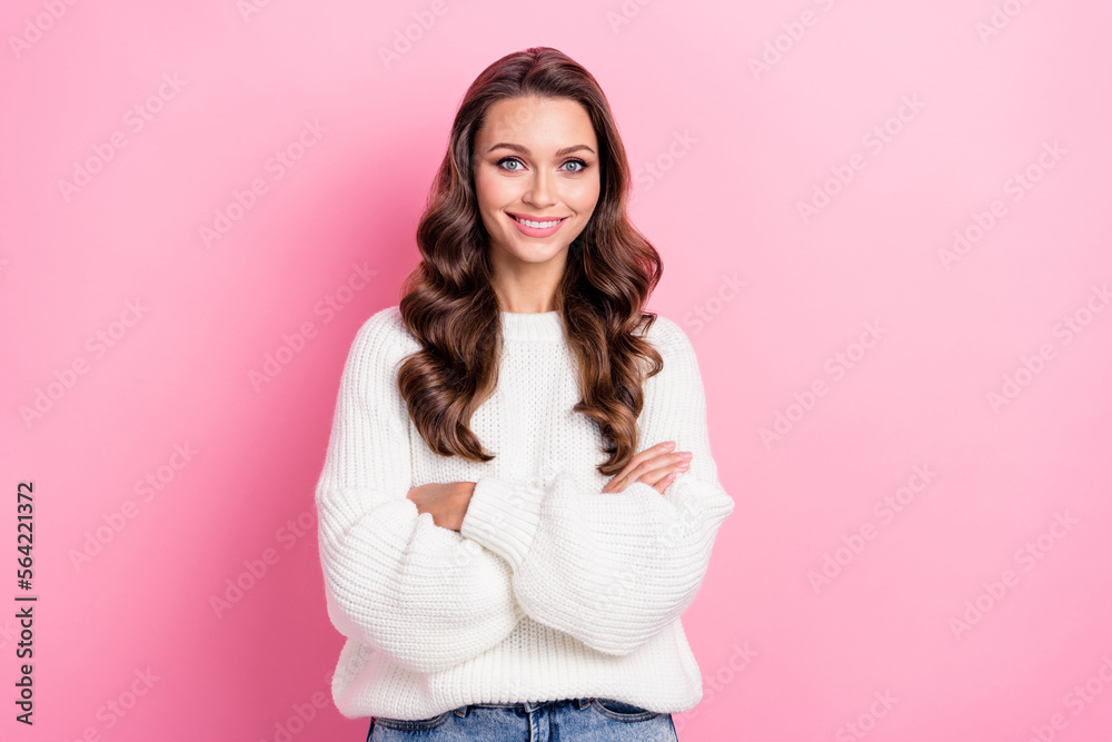 Portrait of adorable satisfied glad lady beaming smile crossed arms isolated on pink color background Portrait of adorable satisfied glad lady beaming smile crossed arms isolated on pink color background