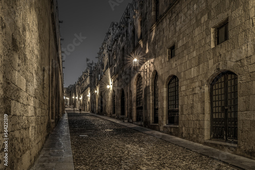 Medieval Street of the Knights called Ippoton with cobblestone road in Old town of Rhodes city in Rhodes island  Greece
