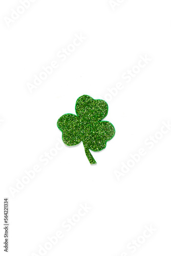 Happy St. Patrick's Day banner.Holiday background.St Patricks Day frame against a white background. Flat lay shamrocks.Copy space.Patrik's day banner