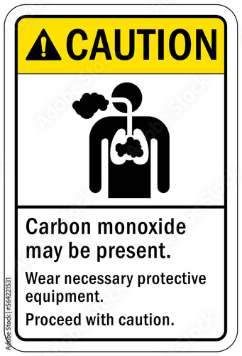 Carbon Monoxide safety sign and labels carbon monoxide may be present wear necessary protective equipment proceed with caution