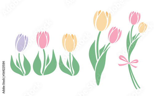 シンプルな春のお花のチューリップの花束イラストセット_ベクター素材_ピンク黄色紫_透過PNG