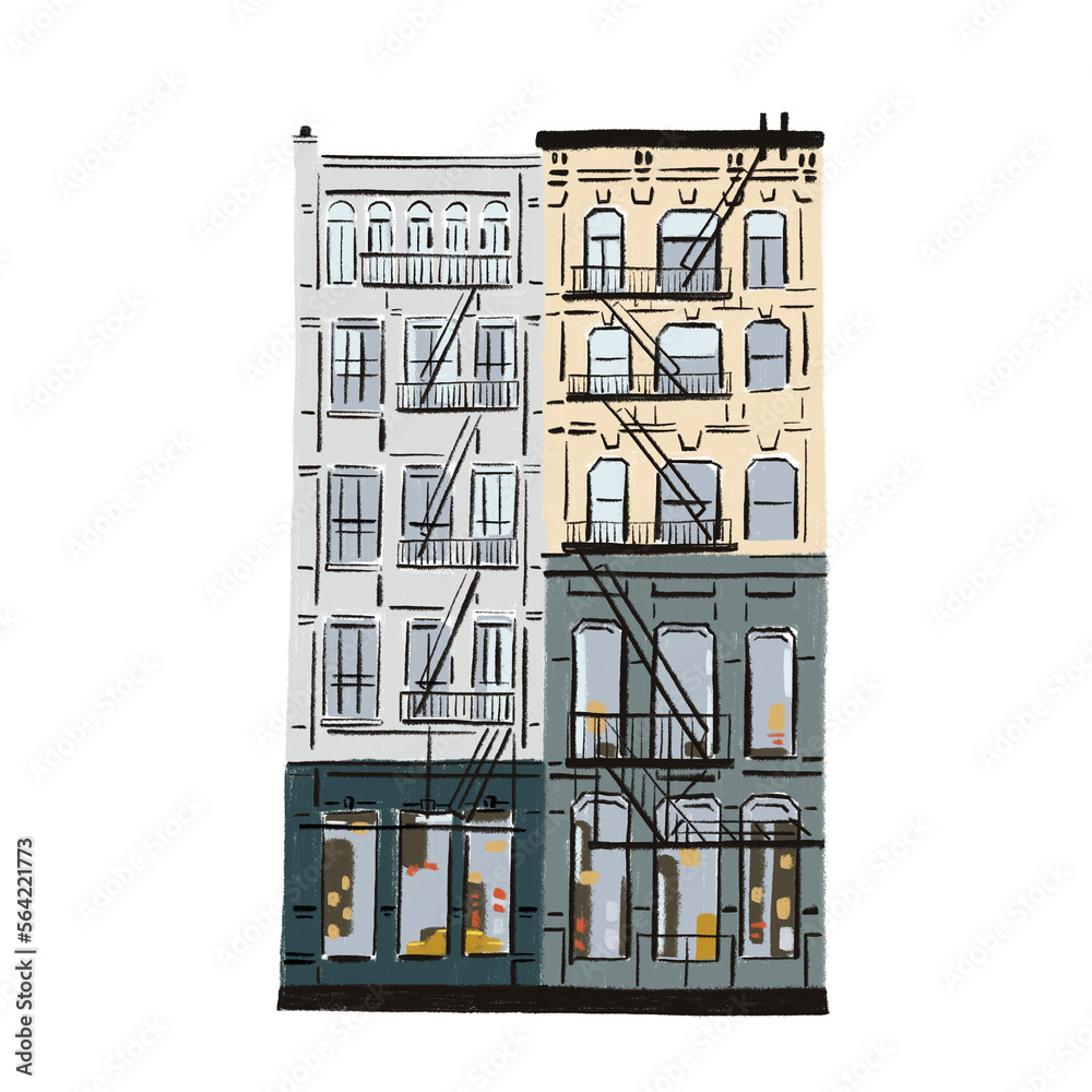 New York Architecture building apartment Hand drawn color illustration