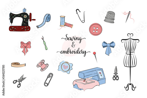 Sewing and embroidery elements set. Various sewing tools isolated on white background. Needlework and tailoring equipment, appliances. Embroidery machine. Vector illustration