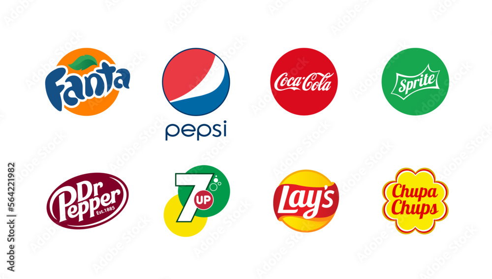Drink brands. Fanta, Pepsi, Coca Cola, Sprite, Dr Pepper, 7 up, Lays