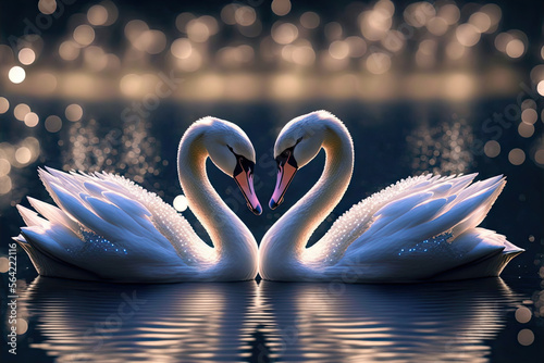 Fototapeta Naklejka Na Ścianę i Meble -  Swans on the lake. Couple of loving  swans. Valentine swans. Post-processed generative AI