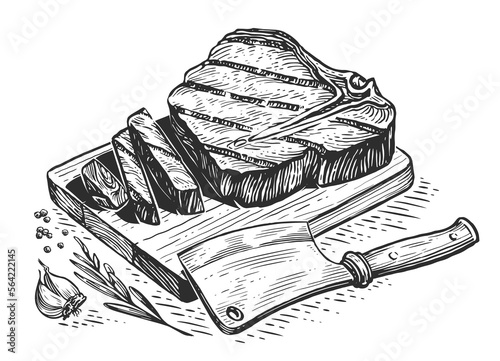 Grilled beef steak on wooden cutting board with knife cleaver. Meat dish preparation. Food sketch illustration