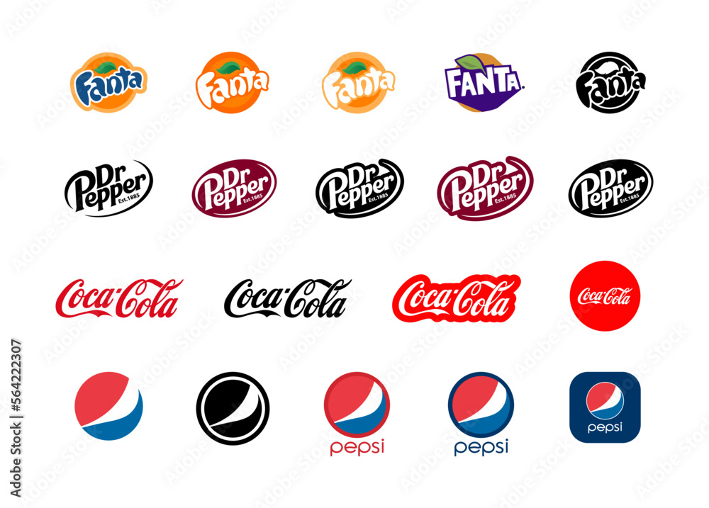 Drink brands. Fanta, Pepsi, Coca Cola, Dr Pepper. Factory of fast food