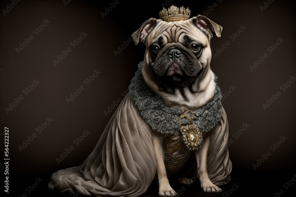 Mops, wearing a regal dress. Pet portrait in clothing. Dog fashion. Post-processed generative AI