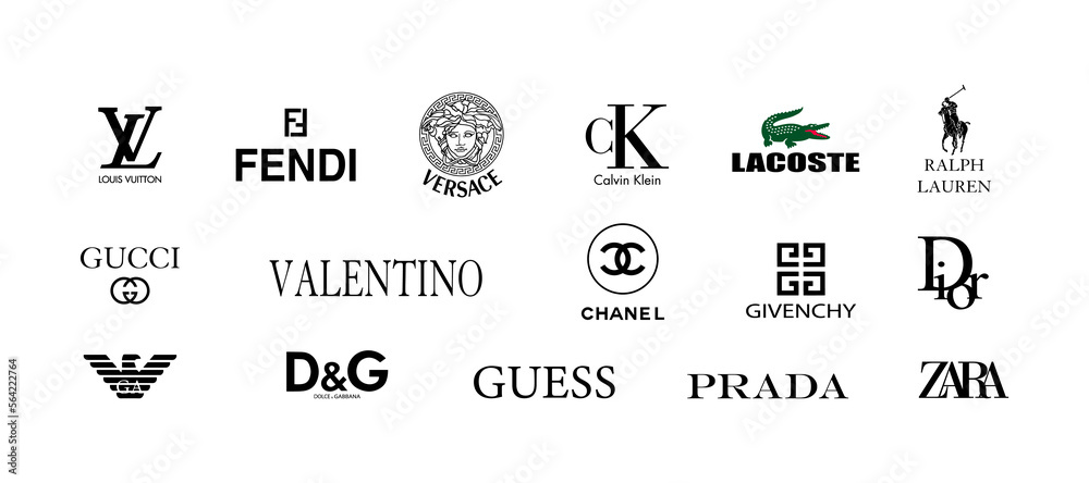 Luxury clothing brands. Valentino, Gucci, Versace, Guess, Giorgio Armani,  Christian Dior, Louis Vuitton, Prada, Zara, Chanel, Ralph Lauren, Calvin  Klein, Givenchy, Lacoste, Fendi. Editorial Stock Vector