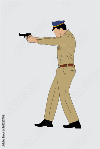 Police man firing with gun side view. 