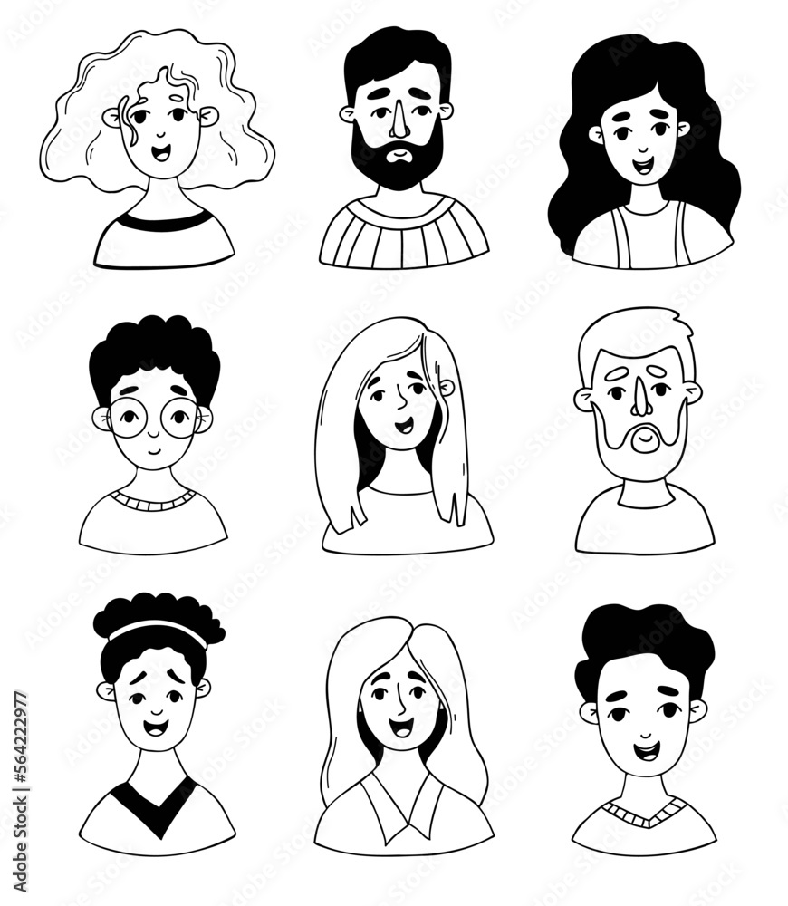 Fototapeta premium Collection cartoon portraits of people. Vector isolated faces of women, men, children in doodle style.