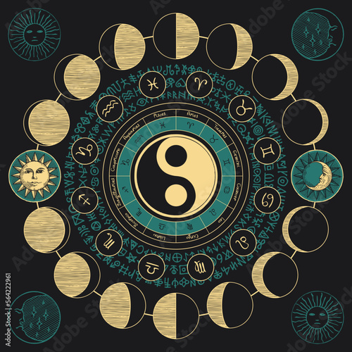 Vector circle of Zodiac signs with hand-drawn yin yang oriental symbol, Sun and and moon phases. Retro banner with horoscope symbols for astrological forecasts. magic runes written in a circle