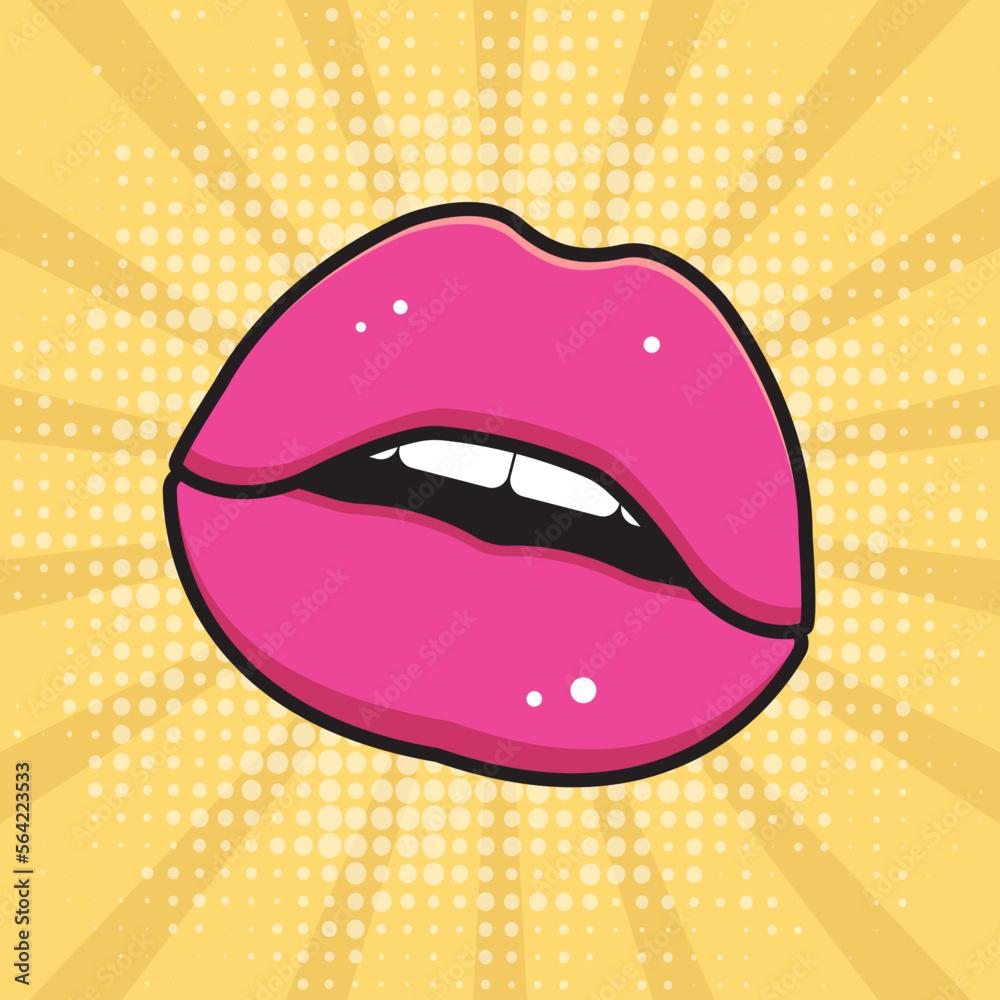 Pop art poster. pink lips on yellow background. vector illustration