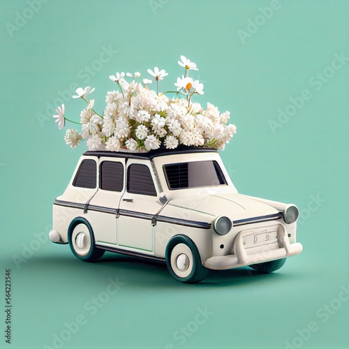 cute white toy car with flowers on top, generativ ai photo