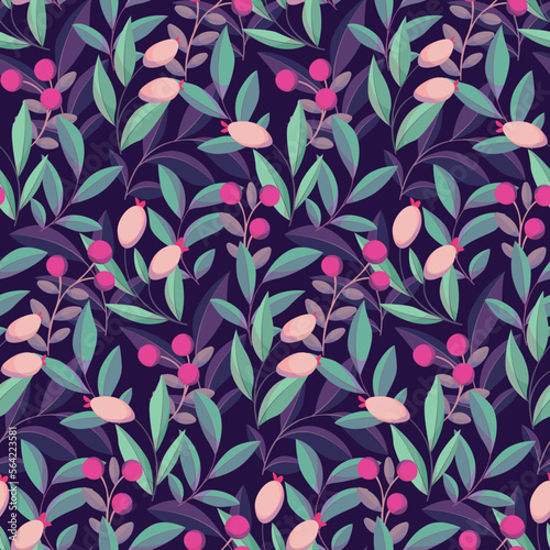 Seamless floral pattern, ornate botanical design with small berries and dense foliage. Cute natural print with hand drawn wild plants: berries, leaves, twigs in purple colors. Vector illustration.