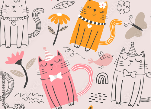 Seamless pattern with cute cats. Seamless childish pattern with cute cats .