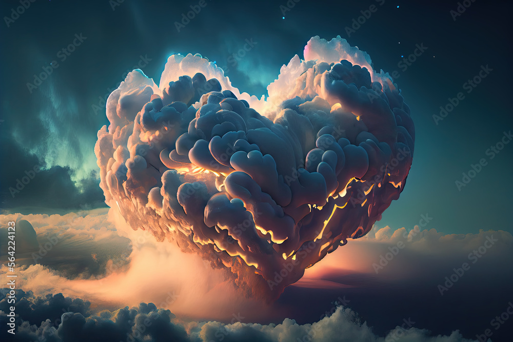 In the afternoon, a generative AI fluffy heart-shaped cloud in mid-air ...