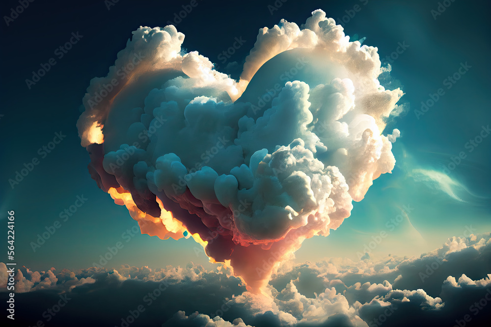 In the afternoon, a generative AI fluffy heart-shaped cloud in mid-air ...