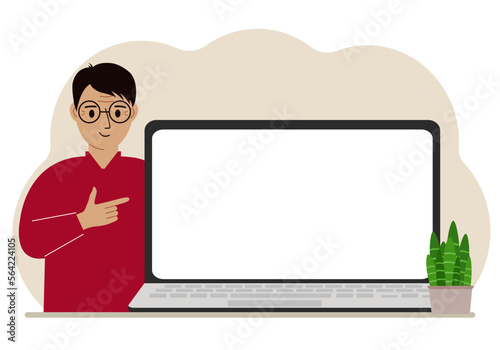 A man next to a large laptop with plenty of space for text.