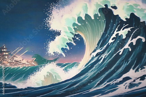 Painting Of A Tsunami Crashing Into The Shore. Generative AI Illustration