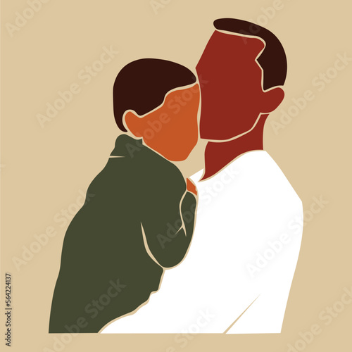 Modern father carrying son in elegant line art style vector