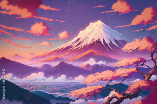 Japanese Painting Of The Fuji Mountain With Blooming Cherry Trees In The Foreground. Generative AI Illustration © Digitale Wanderlust