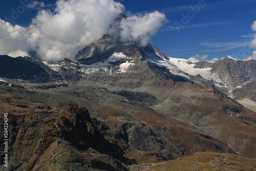 Landscape with a mountain Matterhorn view partially covered by clouds on a mountain Gornergrat, near Zermatt, in southern Switzerland 