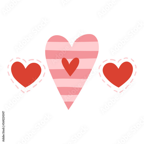 Illustration of three hearts in shades of pink and red, a large striped one and two smaller ones with stitching around it, Valentine's drawings