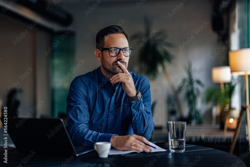 Thoghtful man looking on the side, thinking about his new business project. Thoghtful man looking on the side, thinking about his new business project.