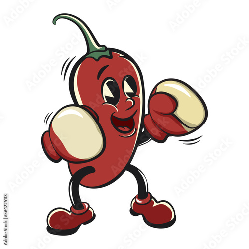 vector vintage illustration of a red chili mascot cartoon character practicing boxing with boxing gloves
