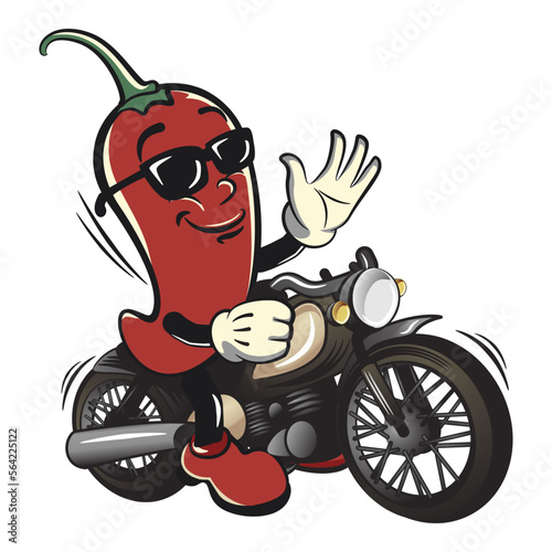 vector vintage illustration of a red chili mascot cartoon character riding a big motorbike