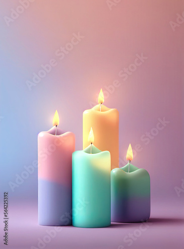 Pastel purple and pink atmosphere for a romantic date with lit candles. Illustration, Generative AI.