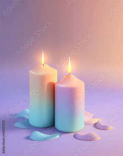 Pastel purple and pink atmosphere for a romantic date with lit candles. Illustration, Generative AI.