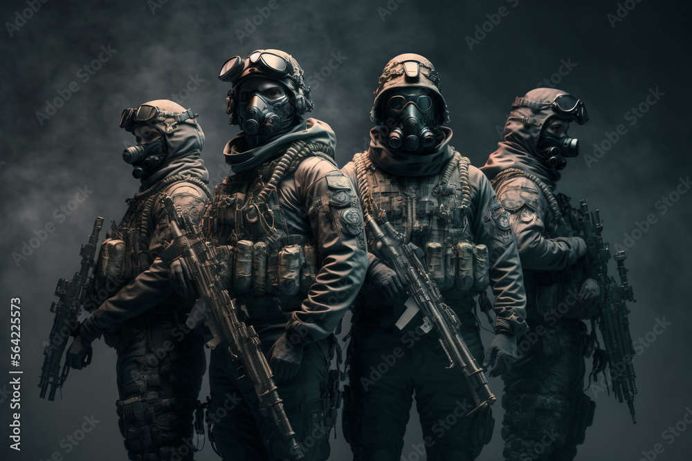 A group of soldiers standing next to each other wearing gas masks on black background, Generative AI