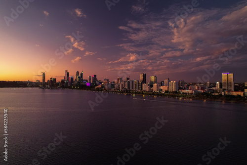 A stunning Western Australian sunset over the Perth skyline and the Swan River.