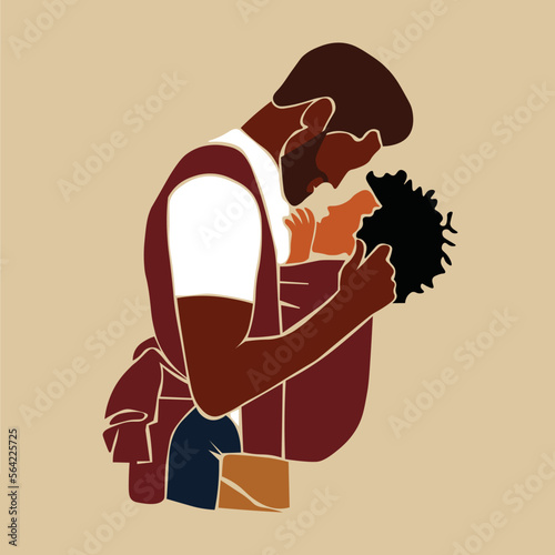 Elegant black father carrying son in line art style vector