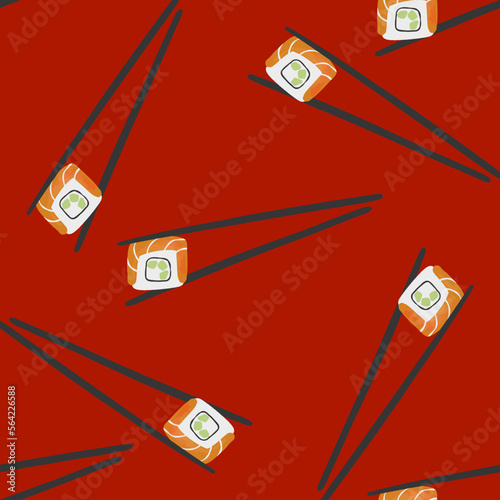 Seamless pattern with illustration of sushi roll with chopsticks on red background