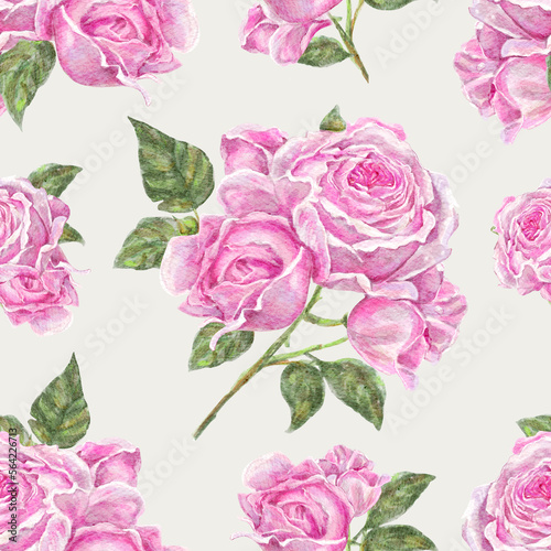 Elegant vintage watercolor seamless pattern with pink roses. Floral texture on a light background.