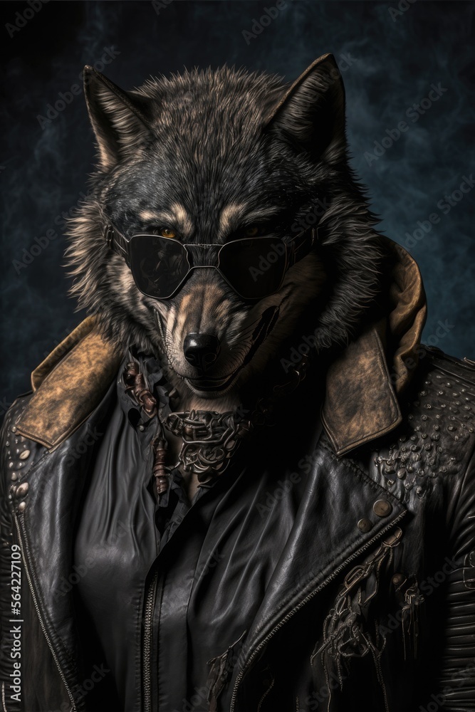 portrait of a badass wolf in jacket Generative AI portrait of a badass wolf in jacket Generative AI