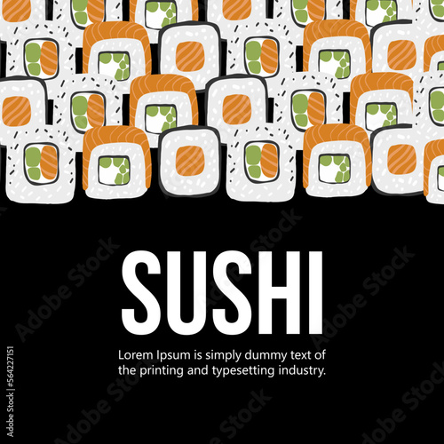 Sushi background illustration with place for text on black backgroung
