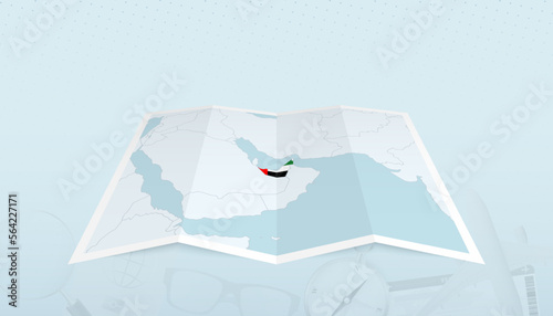 Map of United Arab Emirates with the flag of United Arab Emirates in the contour of the map on a trip abstract backdrop.