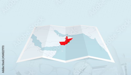 Map of Oman with the flag of Oman in the contour of the map on a trip abstract backdrop.