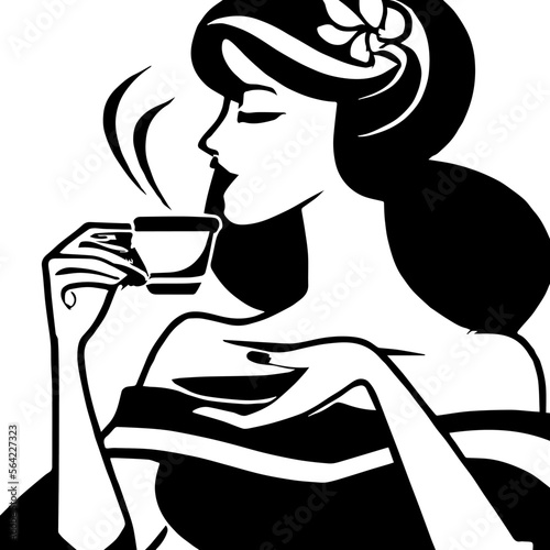 Vintage Woman Drinking Coffee Black And White Black And White Vector Style. Based on Generative AI.