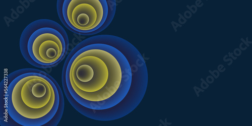 Abstract Blue and Yellow 3D Spiralling, Funnel, Concentric Circles Pattern - Perspective, Colorful Spheres Design on Dark Blue Background, Vector Illustration with Copyspace, Place, Room for Your Text