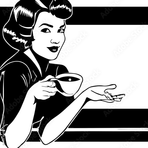 Vintage Advertising Woman Drinking Coffee Black And White Vector Style. Based on Generative AI.