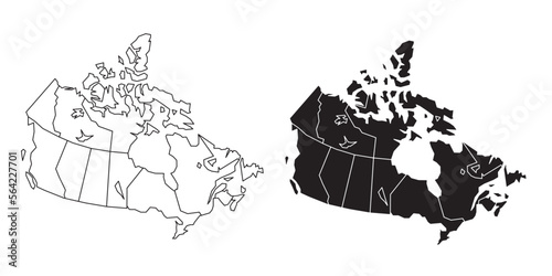 Canada political map. Low detailed. Solid and outline simple style. Black and white. Vector editable